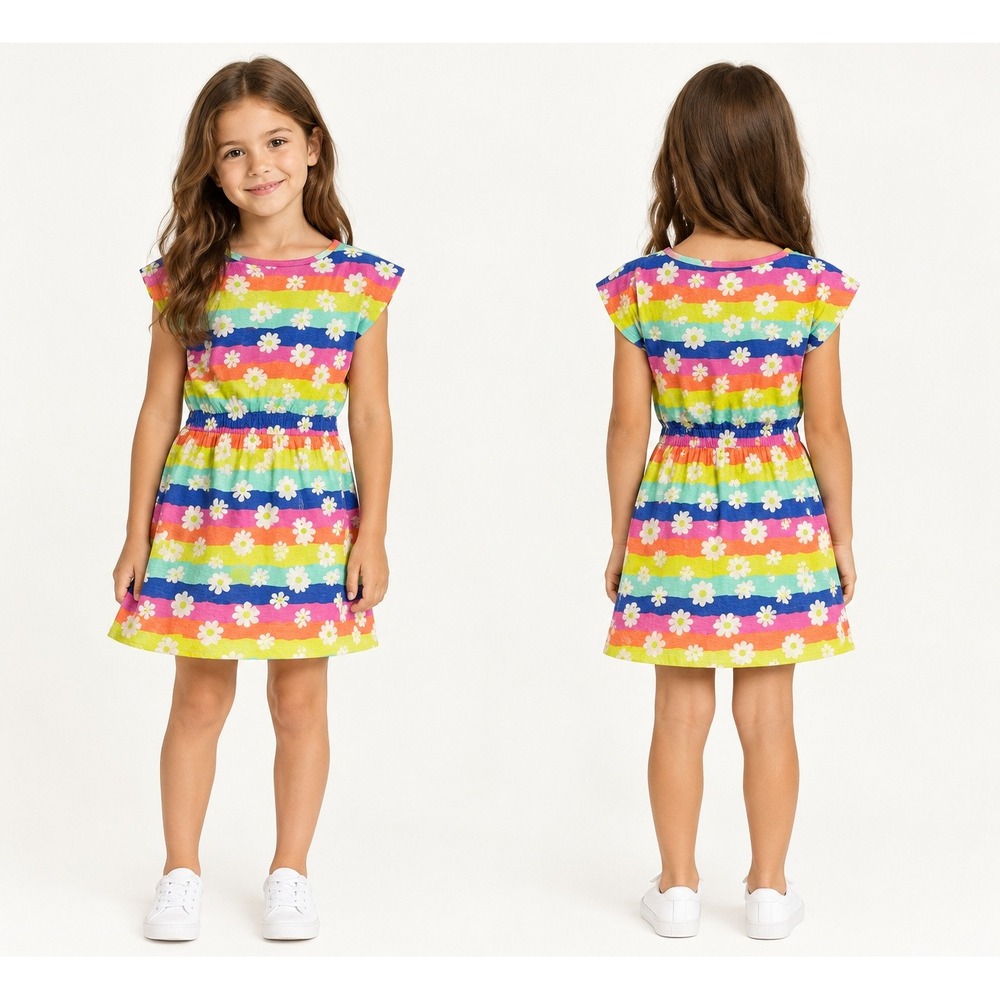 Hatley Rainbow Daisy Stripe Dress Kids Size 6 Multicolor Excellent Cotton Slub